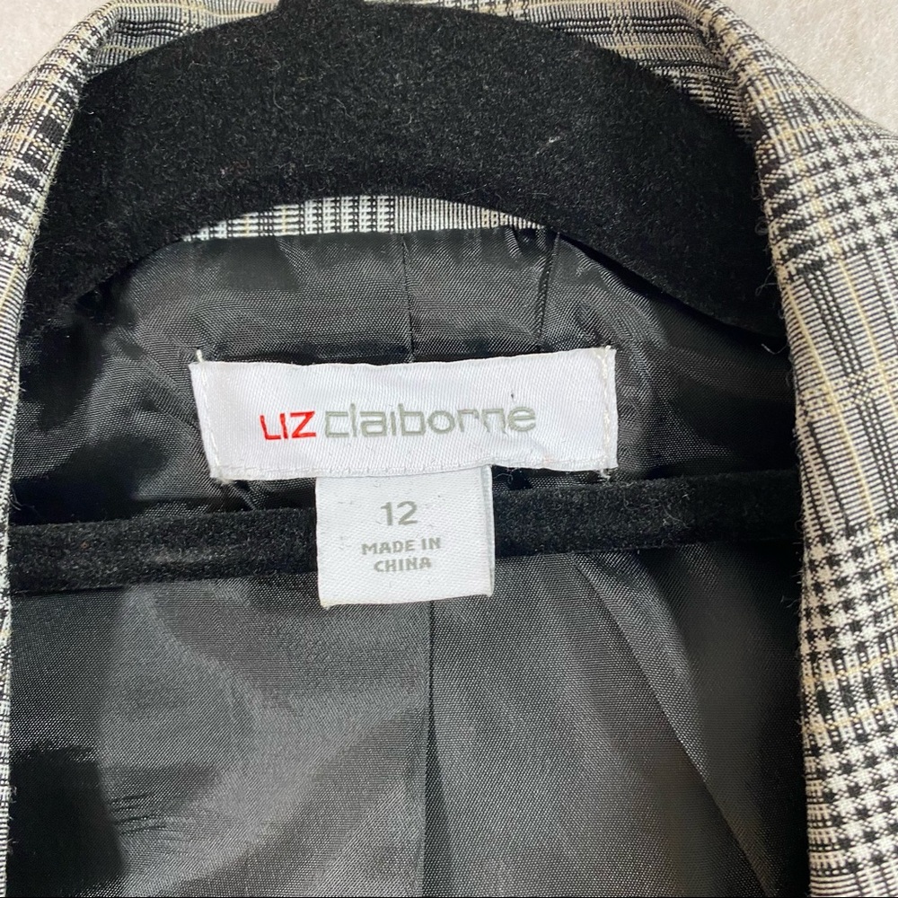 Glen Check Plaid Pant Suit Blazer Paper Bag Waist Pant Liz Claiborne Gray Black - Picture 10 of 16